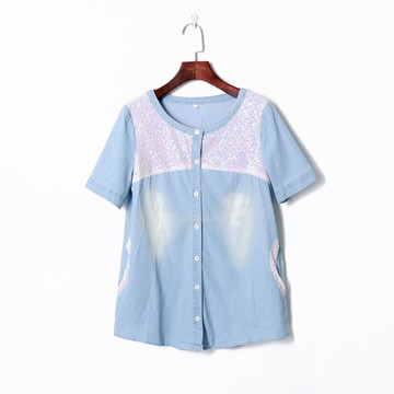 夏季新款女裝時尚拼接網紗亮片花邊上衣圓領單排扣雙口袋襯衫