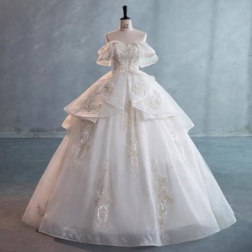 一字肩閃鉆花瓣袖主婚紗禮服新娘女法式重工宮廷風遮手臂大碼裙子