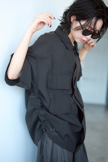 北海高領側抽繩短袖襯衫 - 2色 - 伸縮黑