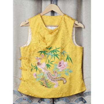 民族風時髦刺繡花龍鳳中式手工盤扣無領織錦緞馬甲背心馬夾唐裝女