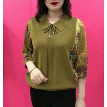 媽媽春夏新款翻領拼接焦麻針織衫上衣減齡百搭女士遮肉七分袖小衫