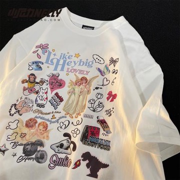 卡通oversize天使云朵短袖潮牌網紅T恤男女ins超火原宿風情侶裝bf