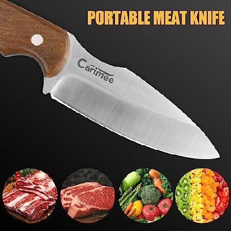 Carimee Utility Paring Knife Portable Small Full Tang Butcher Meat Knives With 4.1” D2 Steel Blade, Sandalwood Handle, Leather Sheath, Outdoor Campin