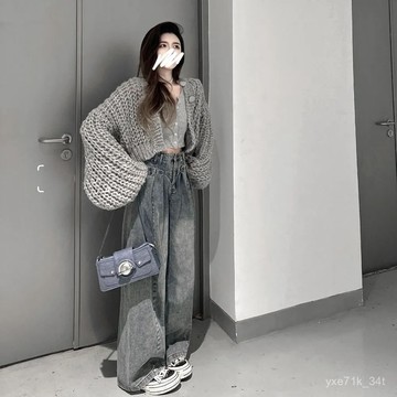 韓版寬鬆慵懶闊腿牛仔褲女 設計感高腰直筒褲 顯瘦垂墜感拖地褲 牛仔闊腿褲 女生長褲 牛仔寬褲 牛仔長褲