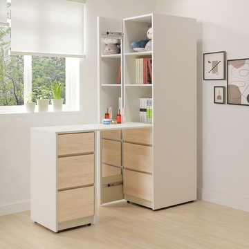 直人木業-綠建材彩妝板50公分三抽拉鏡櫃伸縮書桌組拉鏡面右