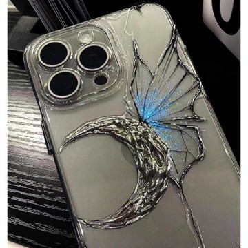 ins手繪月亮金屬蝴蝶適用蘋果iPhone15手機殼14Pro高級感17Promax新款12透明16pro個性x原創16小眾13立體14
