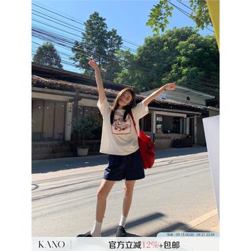 你好卡農 松緊腰抽繩綁帶休閑短褲女春夏新款寬松小個子高腰褲子