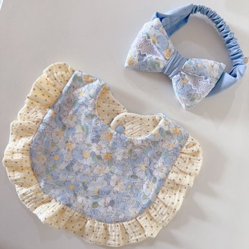 晨曦藍花園荷葉圍兜蕾絲寶寶髮帶 新生兒禮物 滿月禮 周歲滿月