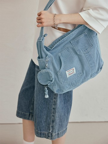 大容量多口袋純棉牛仔肩背包