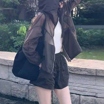 【WYZ】x大碼女裝微胖夏季新款連帽透氣時尚薄款長袖顯瘦熱褲遮肉套裝外穿