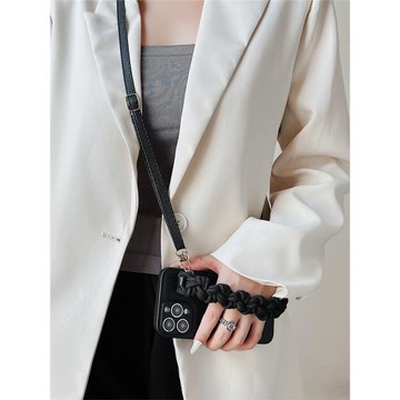 純色編織手腕帶可背斜跨12適用蘋果14/15promax手機殼皮質斜挎iphone13/11Pro掛繩防摔xr支架創意8plus全包套