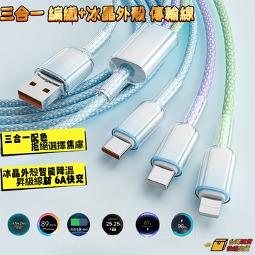 ⚡在臺出貨⚡240W一拖三快充電線冰透 三閤一充電線 編織充電線 抗斷裂冰晶線 Type-C 多彩快充線數據線平果傳輸線