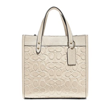 【COACH】浮雕LOGO皮革托特包-米白