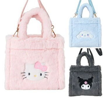 小禮堂 Sanrio 三麗鷗 菱格紋絨毛手提肩背兩用包  (大臉款) Kitty 美樂蒂 酷洛米