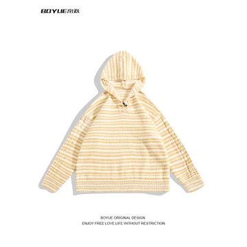 BOYUE帛躍秋冬條紋連帽長袖毛衣男士時尚寬松休閑百搭套頭針織衫