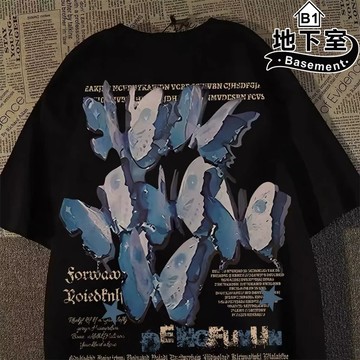 地下室B1-T恤 美式水墨蝴蝶 寬鬆 男生衣服 短袖 上衣 ins 大尺碼5XL【NL625160】