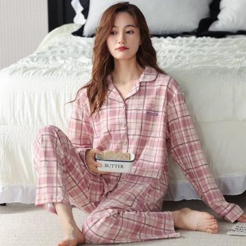 高級感睡衣女春秋季純棉長袖2025年新款秋冬天薄款格子家居服套裝