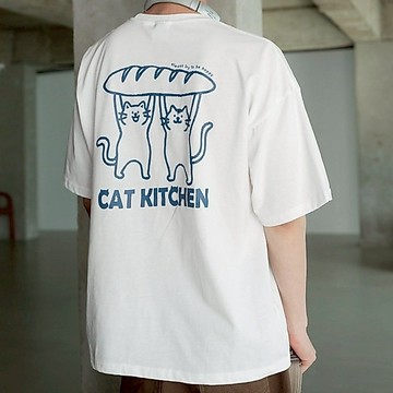 ［FJ select］CAT KITCHEN貓咪麵包印花短T 短踢 寬鬆 落肩 圓領 短袖上衣 男生短袖 女上衣 情侶