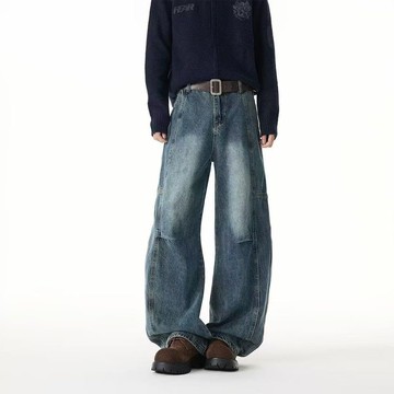 潮牌美式解構闊腿水洗牛仔褲男復古寬鬆潮流百搭拖地長褲男