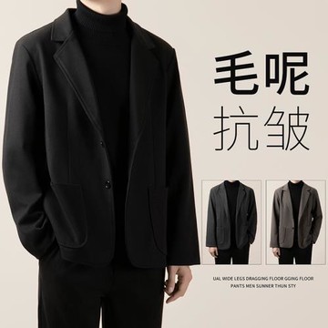 男款冬季呢子西裝外套時尚商務休閑男修身百搭毛呢西服流行百搭男