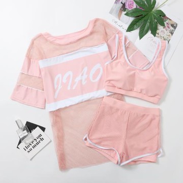 甜美粉色少女泳衣女童 中大童12-15歲學生保守遮肚顯瘦分體三件套