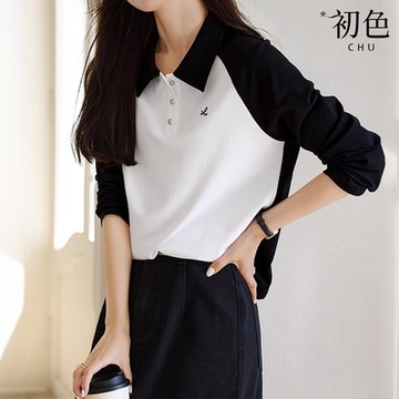 初色 休閒風撞色字母繡花單排釦POLO領長袖襯衫上衣女上衣-黑白色-37570(M-2XL可選)