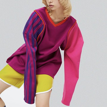 冰球靈感! 強烈撞色長袖衛衣 寬鬆大學T 情侶裝 男女共穿 粉紫