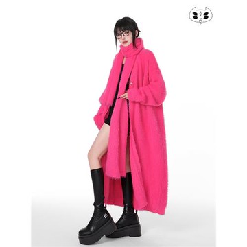 【襯膚色】慵懶隨性隨便穿玫紅色休閑超長氣質毛衣外套大衣送圍巾