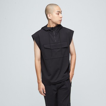 高彈幾何印花口袋連帽背心(男)-無煙煤黑