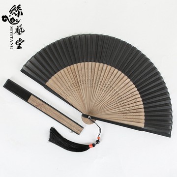 全素面黑面古風手工真絲女扇女式折扇中國風漢服表演扇蜻蜓扇舞蹈
