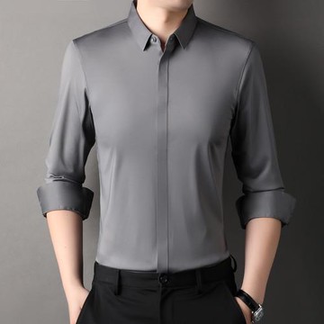 男士長袖白襯衫春季薄款雙門襟高彈無痕免熨燙商務休閑修身男襯衣