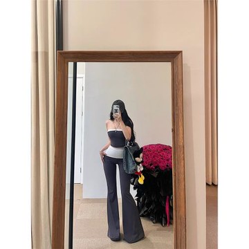 YoungGirlDay辣妹性感短款撞色抹胸高腰喇叭休閑褲拖地長褲套裝潮