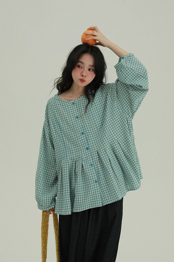 糖果色格紋 元氣甜點少女荷葉邊格子長袖襯衫 文藝休閒襯衣上衣