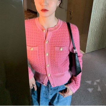2026春秋新款粉色小香風毛衣開衫外套女收腰顯瘦薄款短款針織上衣