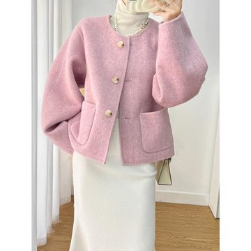 紫色雙面羊絨大衣女2025新款短款小個子寬松斗篷加厚小款毛呢外套