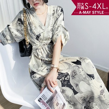 加大碼連身裙-氣質女神V領插畫風雪紡洋裝(S-4XL)【XFU2020S60】＊艾美時尚(現+預)