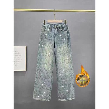 窄版直筒牛仔褲女燙鉆闊腿褲春秋新款高腰顯瘦帶鉆淺色亮閃閃褲子