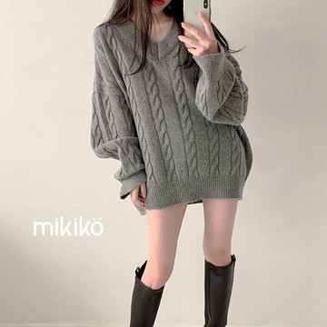 美木子｜針織上衣 針織毛衣｜韓系V領麻花毛衣 3色【T101163】素面針織毛衣 寬鬆上衣 秋冬保暖 長版針織