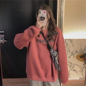 字母印花圓領衛衣女2021秋冬新款韓版寬松bf加絨加厚慵懶風上衣潮