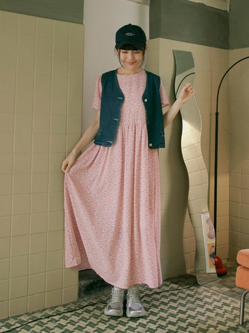 雪紡小碎花後拉鍊圓領寬鬆洋裝