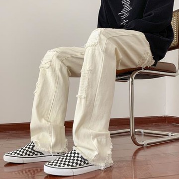 設計感破洞毛邊牛仔褲男春夏季做舊水洗高街復古寬松直筒闊腿長褲