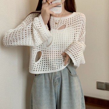 ZUCA”S - 韓版小眾設計感鏤空罩衫 破洞款 針織上衣 長袖上衣 女裝 衣服 長袖T恤 - W-43