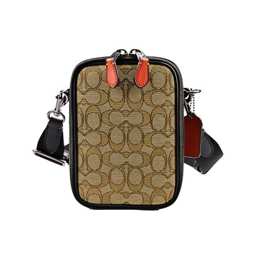 COACH卡其C LOGO緹花布拼接皮革方型小款隨身斜背/手機包