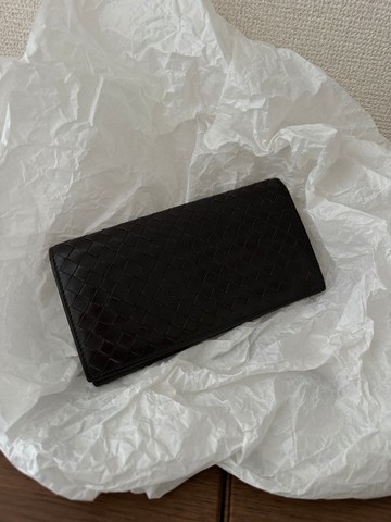 中古品 Bottega Veneta 葆蝶家 Intrecciato 黑啡色羊皮長銀包