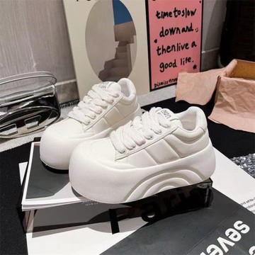 厚底面包板鞋女丑萌大頭真皮小白鞋2024秋季新款小個子增高松糕鞋