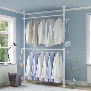 Liwoo Living 堅固雙層全白吊衣桿 + 多功能掛勾2件組  衣架(2層/寬80~140cm x 高218~244cm)、衣架(19 x 9.4 cm)  白色