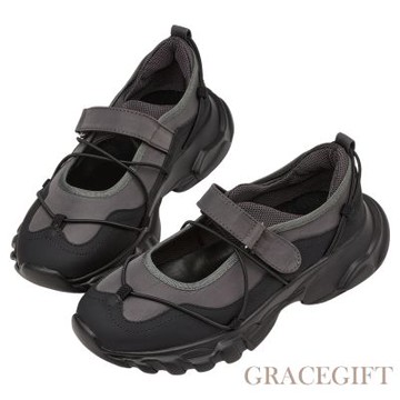 【Grace Gift】韓系學院繫繩魔鬼氈輕量芭蕾運動鞋 深灰