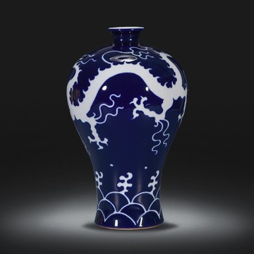 陶瓷器花瓶擺件景德鎮雕刻龍紋霽藍梅瓶中式客廳博古架裝飾品擺件