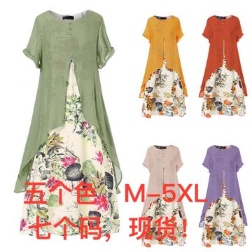 連衣裙氣質亞馬遜ebay棉麻碎花長裙大碼女裝大擺型連衣裙批發