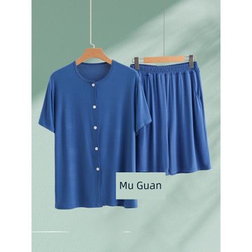 開衫睡衣套裝男士夏莫代爾短袖短褲寬松系扣汗衫涼感中老年家居服